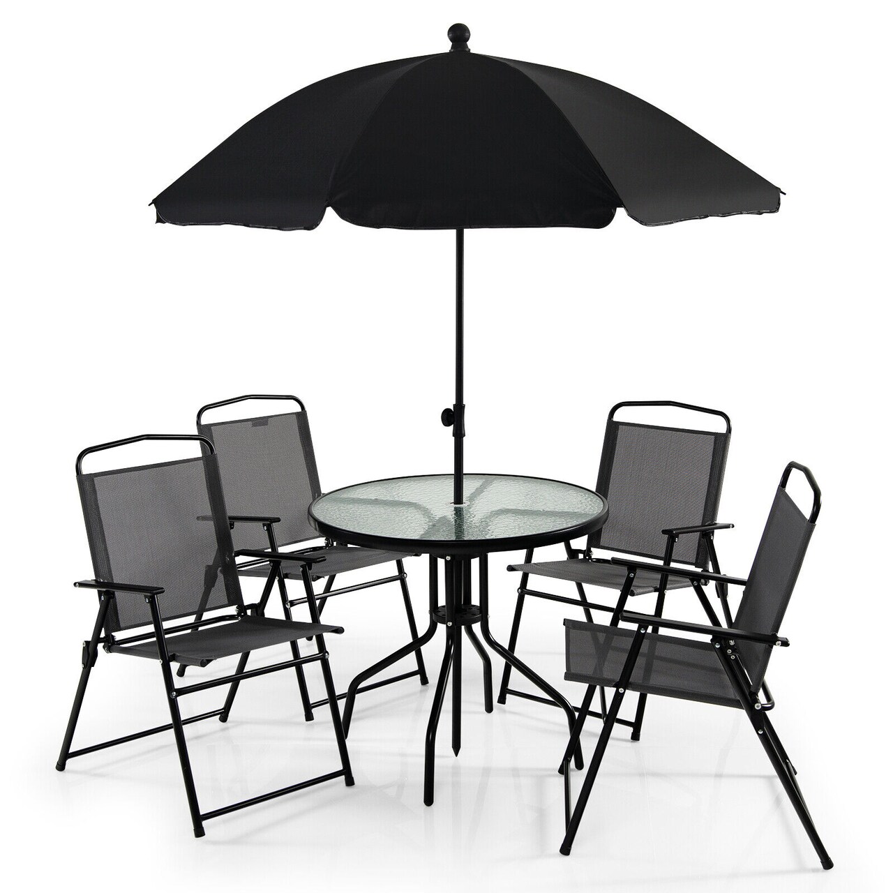 Outdoor 6-Piece Patio Dining Set Folding Chairs Tempered Glass Table Grey Black